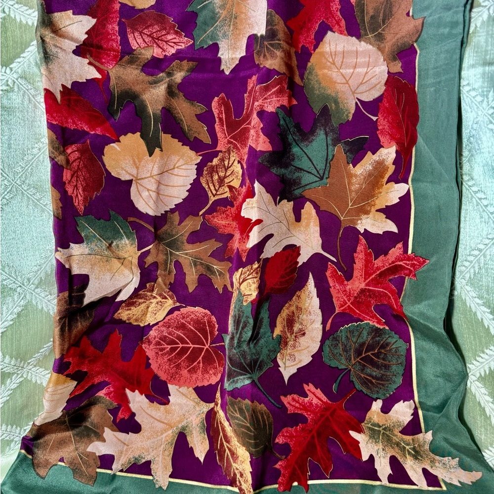 Vintage Adolfo Stunning Dark Green With Fall Leaves Large Square Silk Scarf